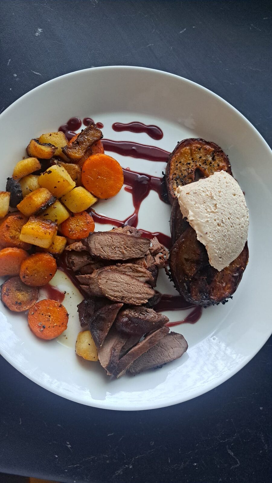 Duck with roasted root vegetables