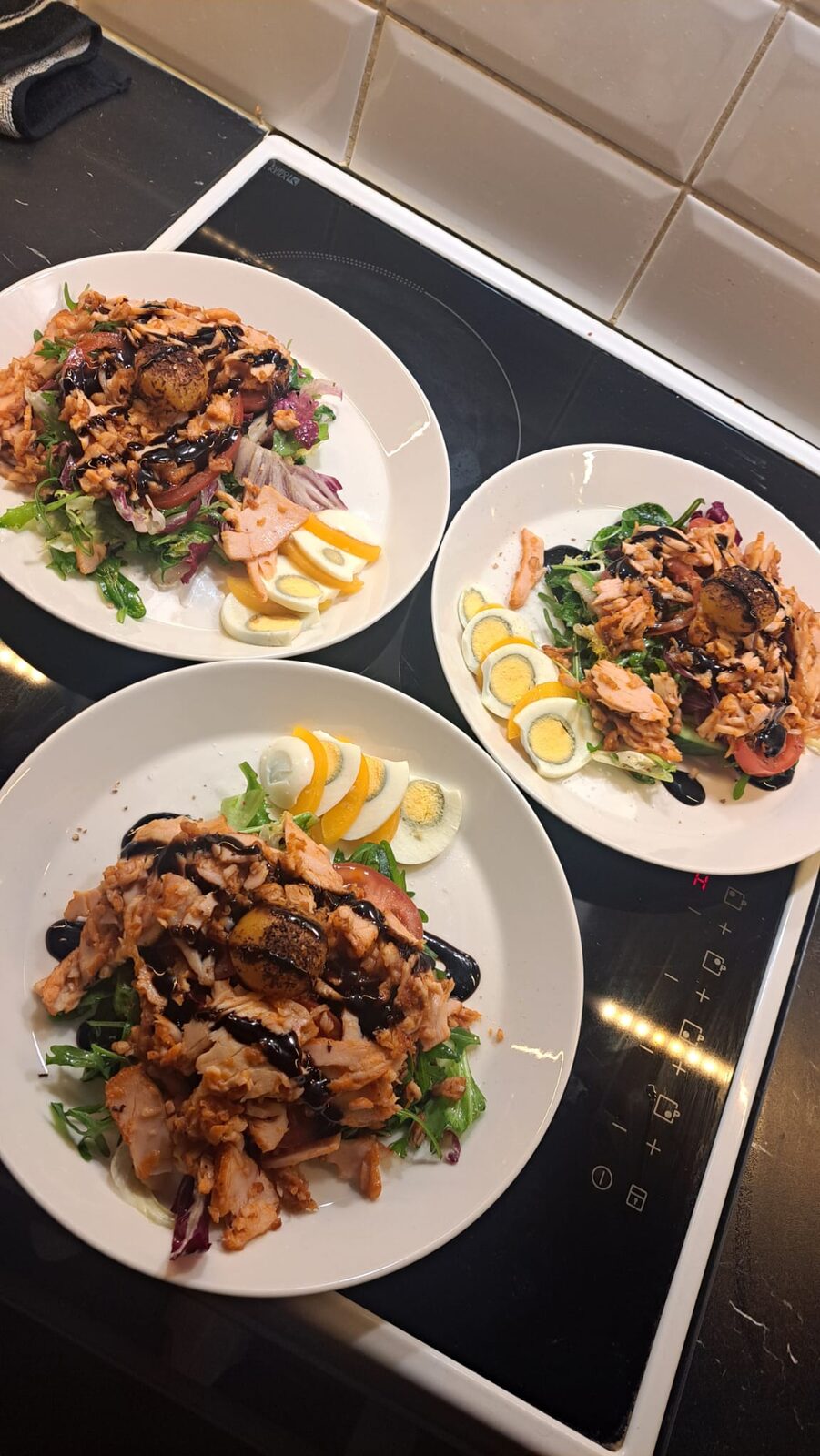 Plated salmon salad servings